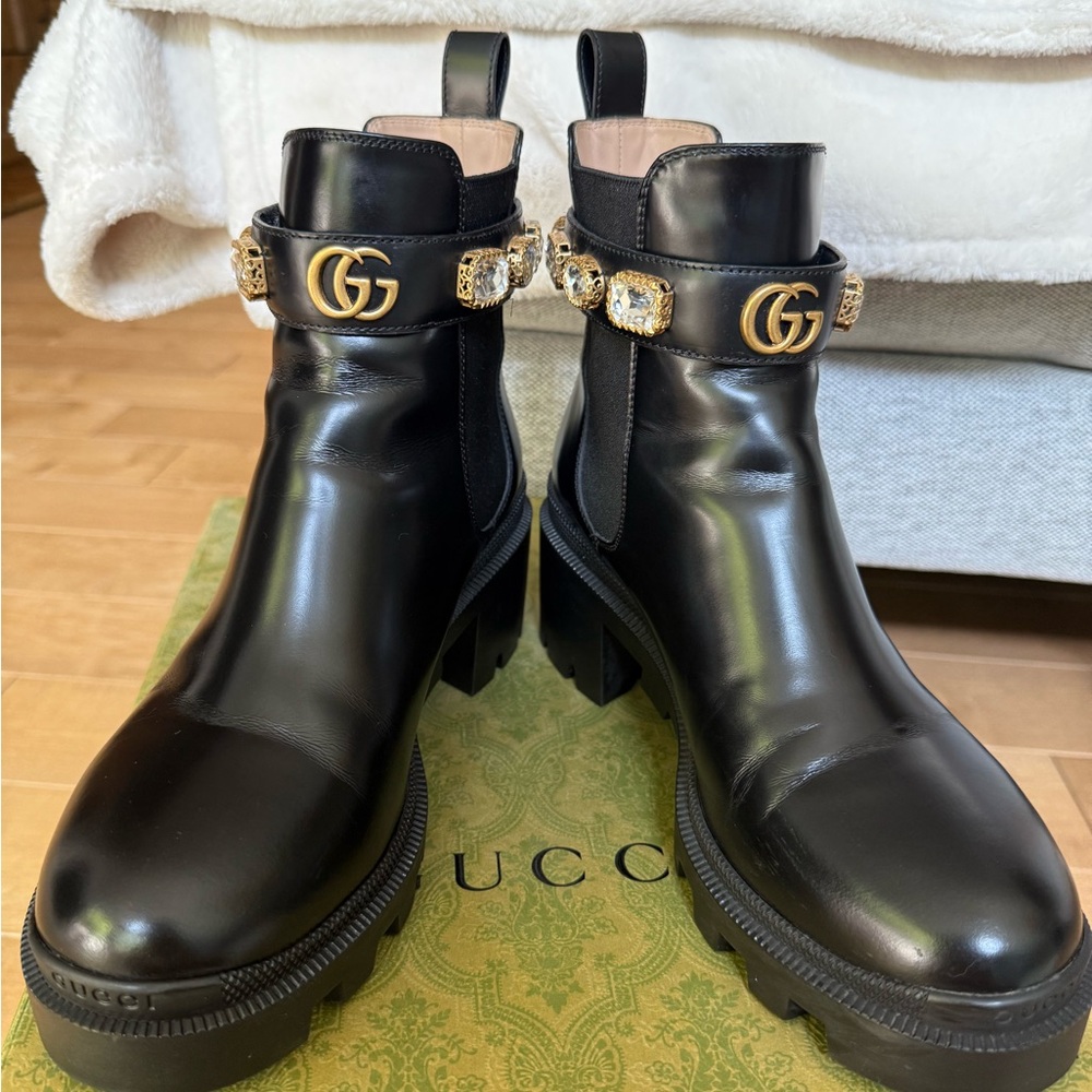 Gucci Black and Gold Ankle Boots with Chunky Sole